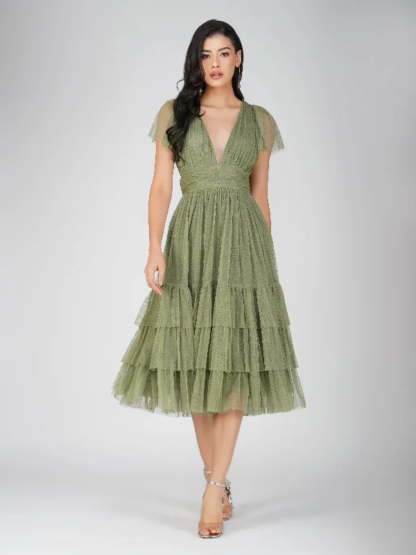 Madison Soft Olive Tulle Bridesmaid Midi Dress