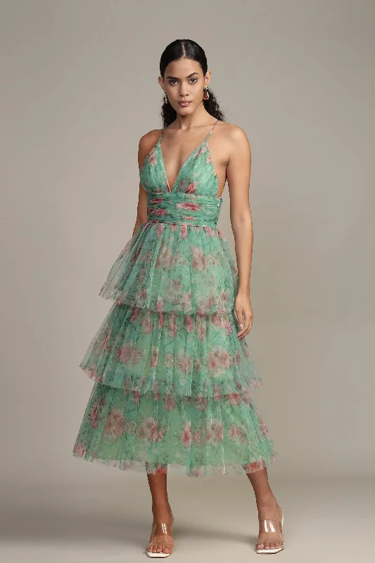 Odette Midi Dress in Green Floral