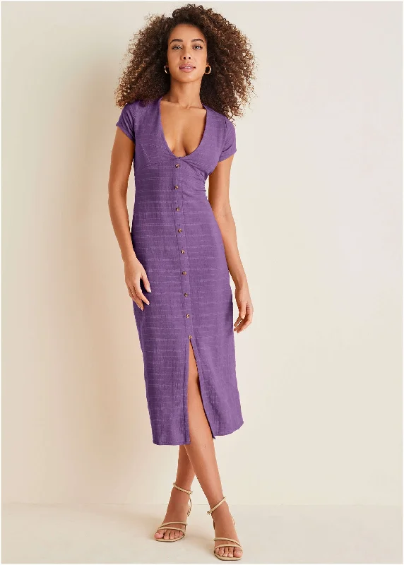 Linen Midi Dress - Purple