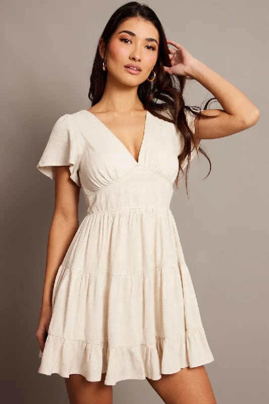 Beige Fit And Flare Dress V-neck Mini