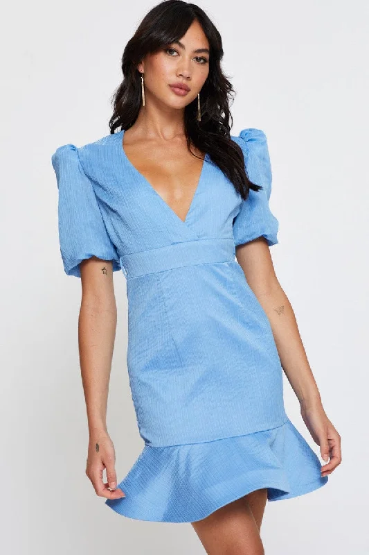 Blue Mini Dress V Neck