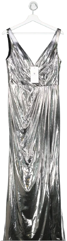 Forever Unique Metallic Limited Edition Silver Maxi Dress With Gathered Waist And Split UK 12