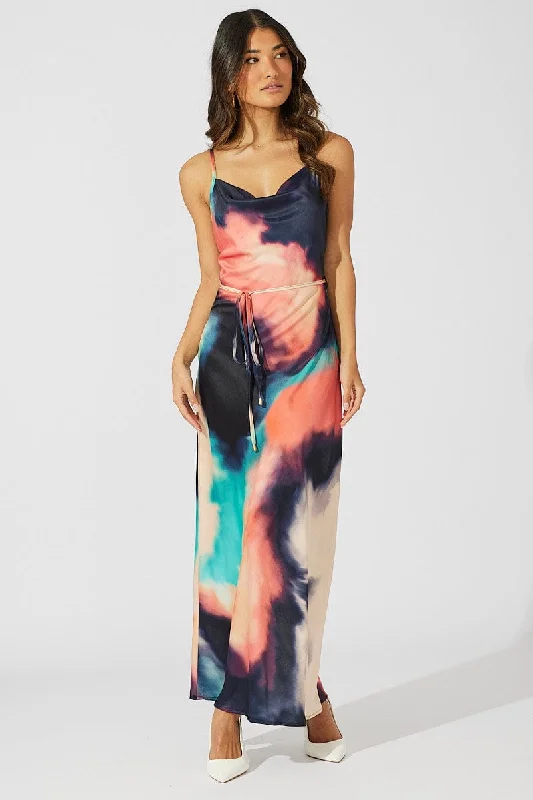 Multi Abstract Maxi Dress Cowl Neck Satin