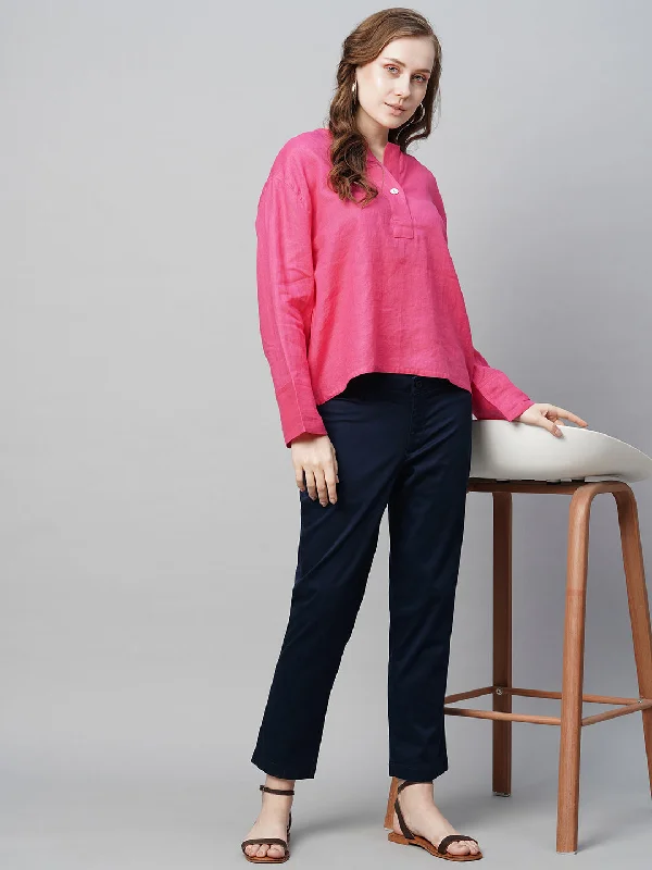 Women's Pink Linen Regular Fit Blouse