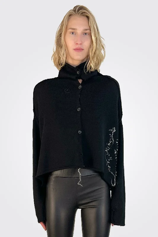 Cropped Stitched Cardigan - Black