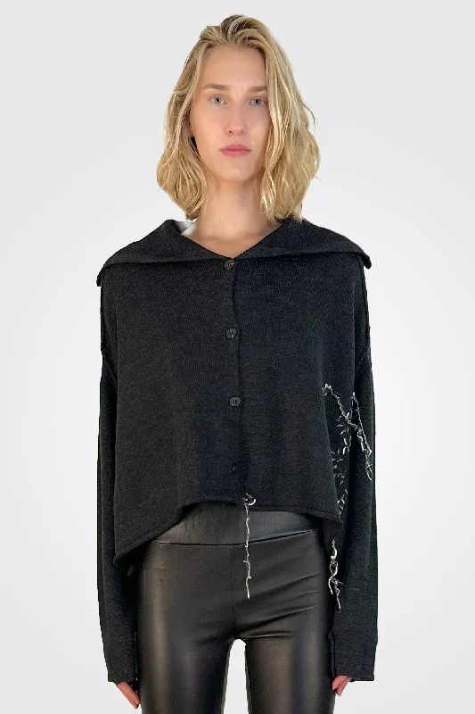 Cropped Stitched Cardigan - Dark Charcoal