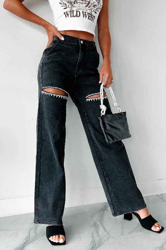 Blowing Your Mind Slit-Front Wide Leg Rhinestone Jeans (Black)