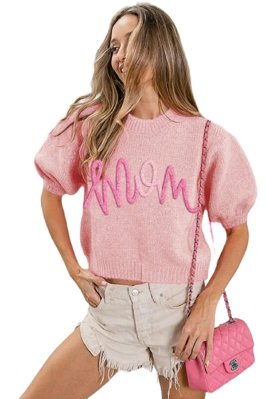 Mom Short Sleeve Sweater In Pink