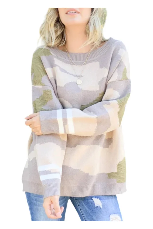 Stripe Detailed Cuffs Sweater Top In Camo Print