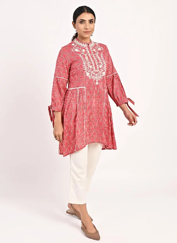 Floral Stripe Red Tunic with Dori Embroidery