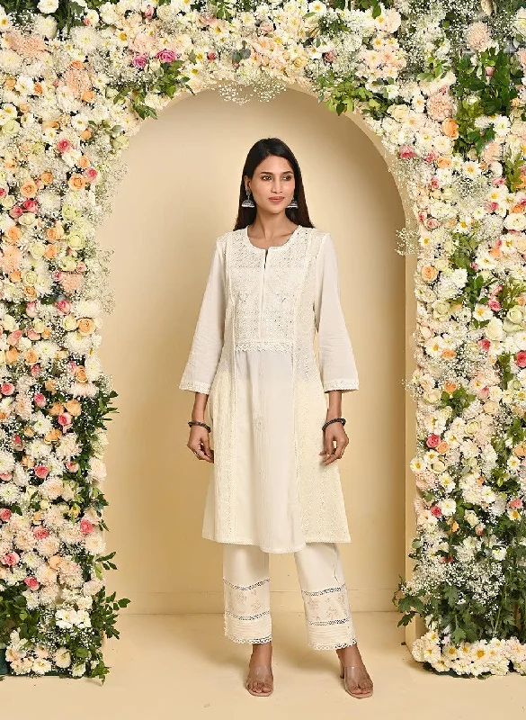 Ivory Mirror and Embroidery Long Kurta