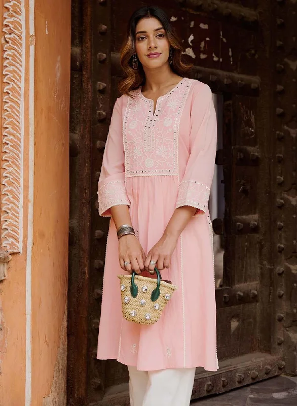 Pink A Line Embroidered Kurta with 3/4th Sleeves