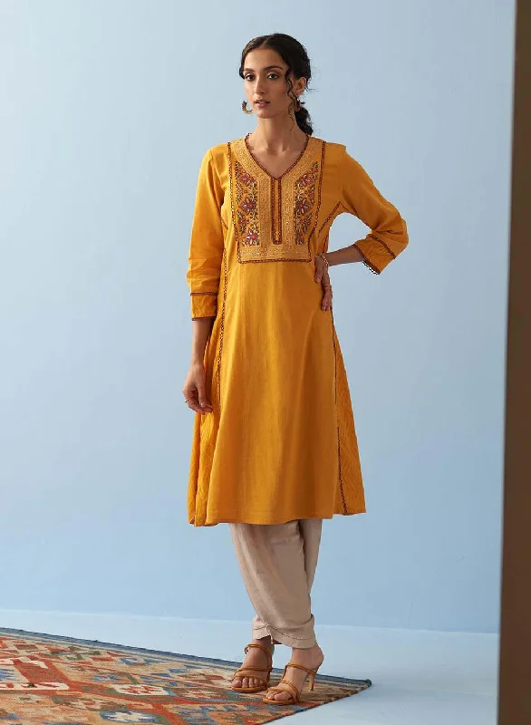 Yellow Long Flared Embroidered A-line Kurta