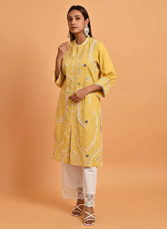 Yellow Straight Embroidered Kurta with 3/4th Sleeves