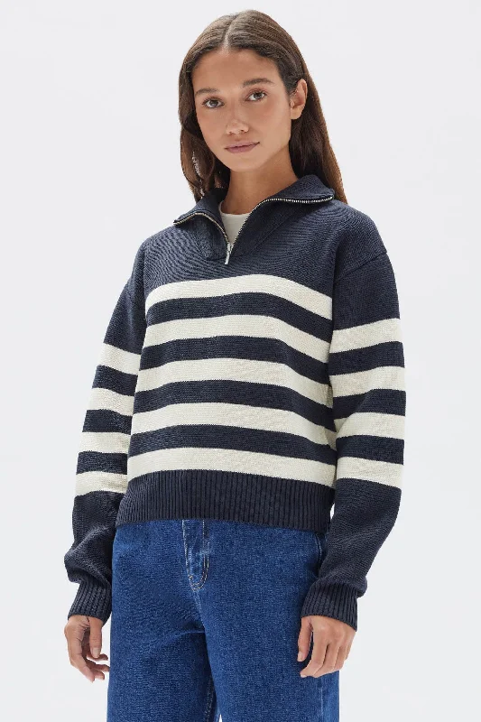 Assembly Label - Parisienne Quarter Zip Cotton Jumper, True Navy/White