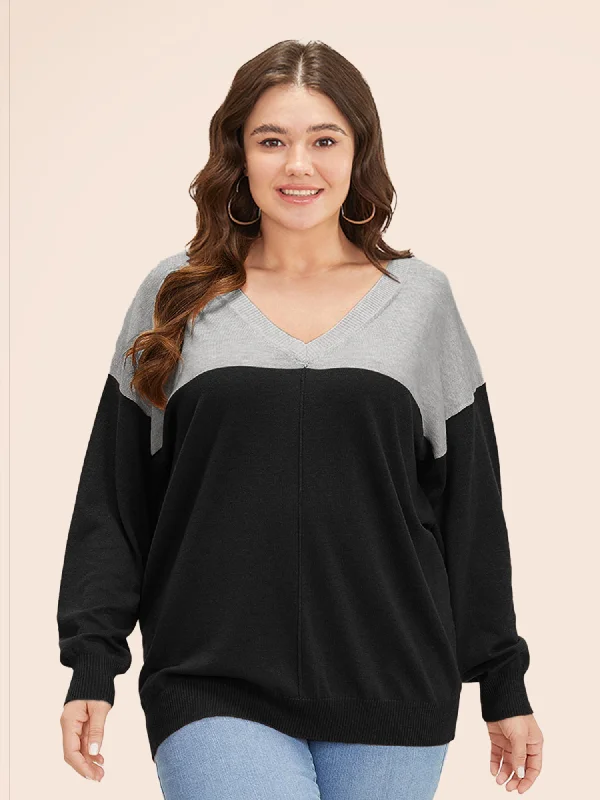 Supersoft Essentials Colorblock Two Tone Patchwork V Neck Pullover